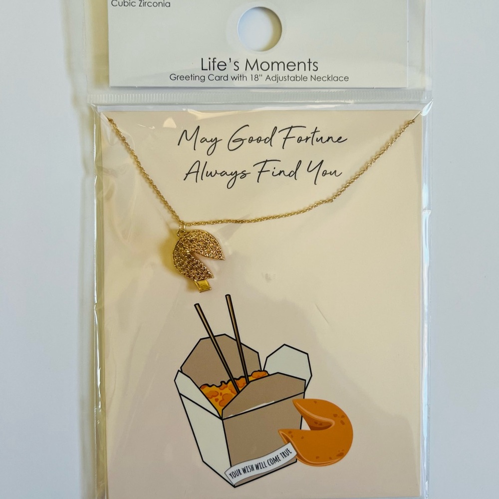 NWT Gold Tone Fortune Cookie Necklace with Greeting Card & Envelope 🎁✨❤️💌
